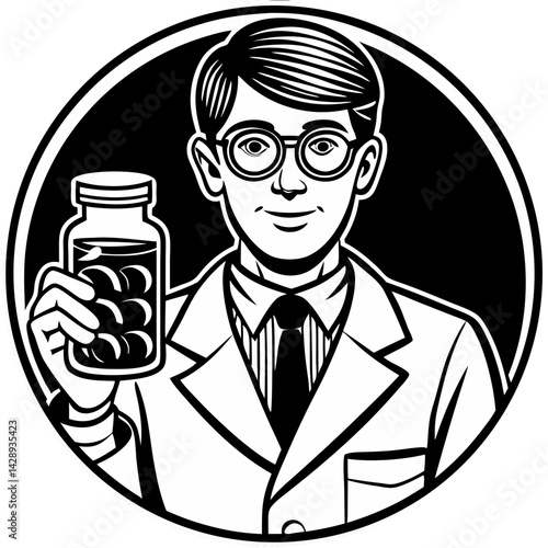Pharmacist holding a jar of pills in a professional pose  