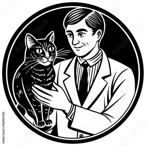 Veterinarian smiling while holding a cat in a circular design  