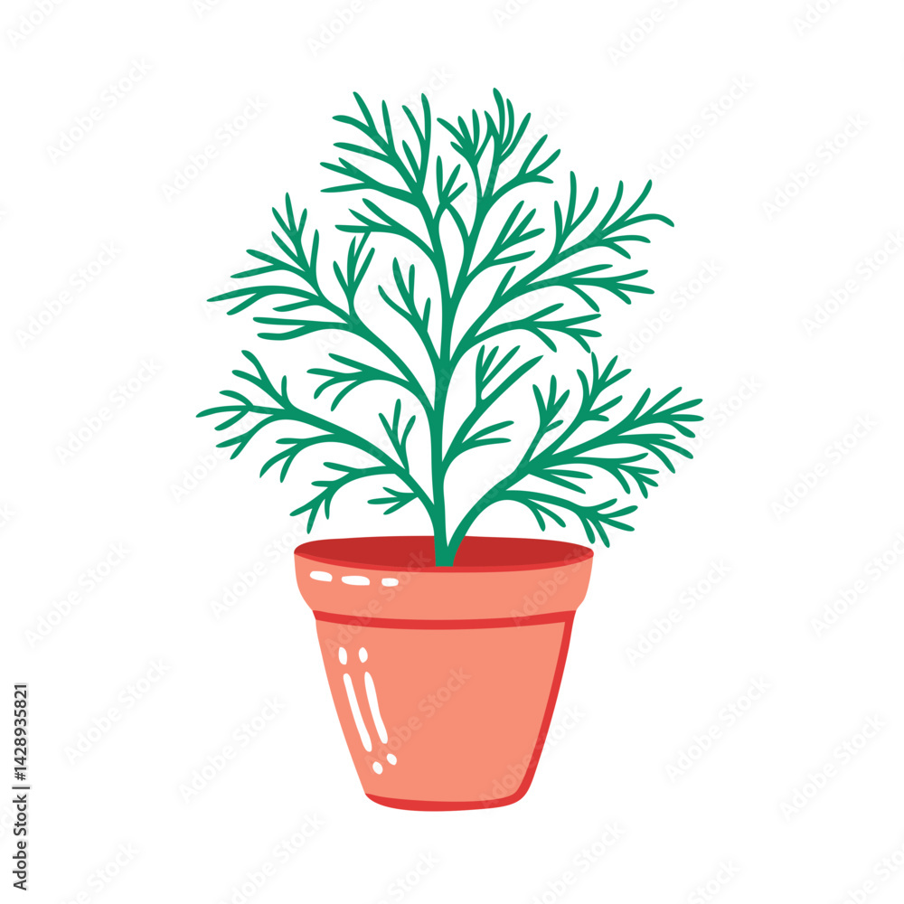 Cartoon Dill Plant in Pot on Black Background Cartoon Dill Plant in Pot on Black Background