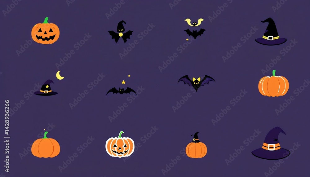 Halloween Night: A collection of pumpkins, bats, and witch hats, perfect for a festive and spooky themed design or celebration. Halloween Night: A collection of pumpkins, bats, and witch hats, perfect for a festive and spooky themed design or celebration.