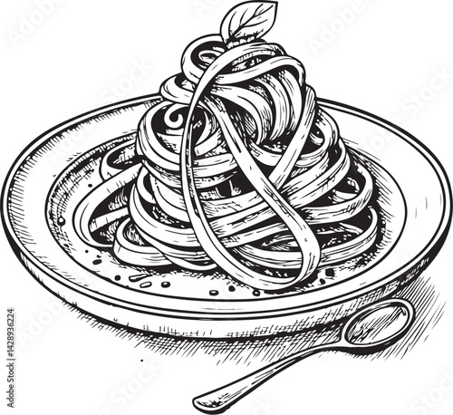 Pasta italian cuisine, Black and White Vector Illustration, Sketch Drawing Line Linear Symbol Icon Engraving, Hand-drawn Isolated