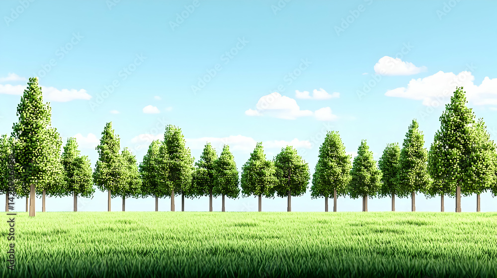 Pixelated Row Of Trees In A Meadow Under A Blue Sky Pixelated Row Of Trees In A Meadow Under A Blue Sky
