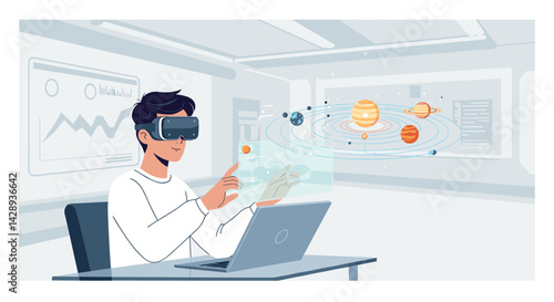 Illustration of a student wearing VR glasses and interacting with a holographic solar system in a virtual classroom