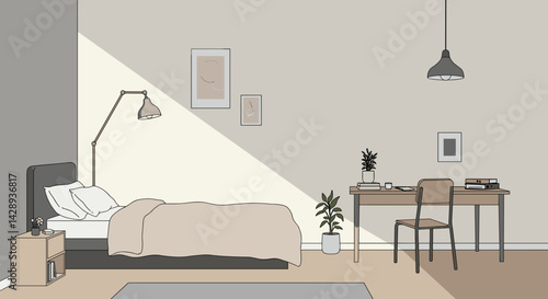 Minimalist tidy room with essential furniture and plant, neutral tones