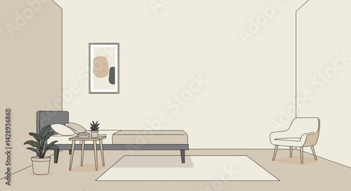 Minimalist bedroom interior with plants and artwork in muted tones  