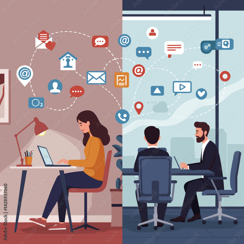 Vector illustration of a split-screen showing a person working at home on one side and in an office on the other, with digital communication icons connecting both sides Vector illustration of a split-screen showing a person working at home on one side and in an office on the other, with digital communication icons connecting both sides
