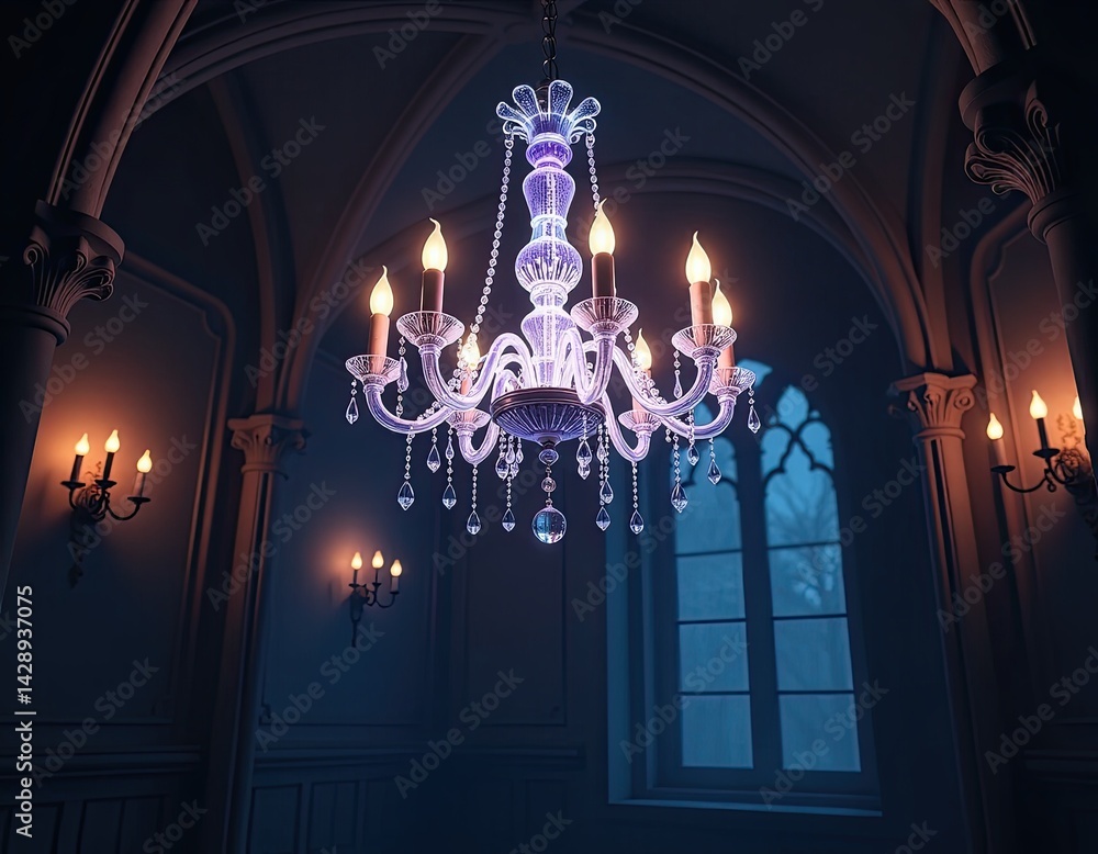 Elegant Crystal Chandelier in Gothic Hallway Interior
