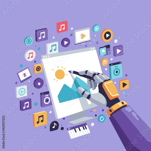 Robotic hand creating digital art on a computer screen  