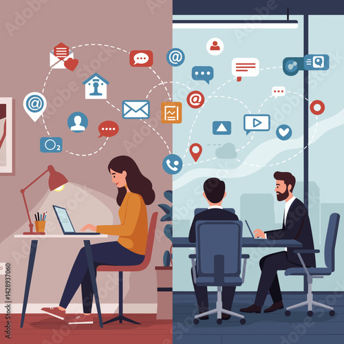 Vector illustration of a split-screen showing a person working at home on one side and in an office on the other, with digital communication icons connecting both sides