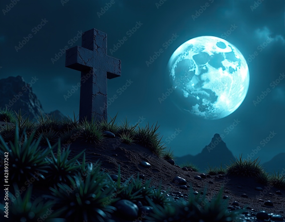Cross Silhouette Against Moonlit Sky