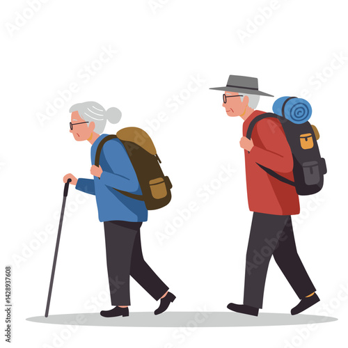 Elderly couple hiking together in nature  