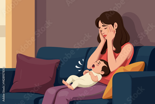 Overwhelmed young mother soothing tired baby on living room couch  