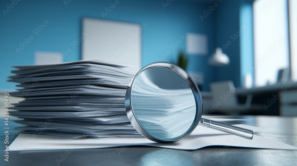 A modern office setting features a neatly organized stack of insurance documents with a magnifying glass on top, exemplifying professionalism and attention to detail in a close-up view