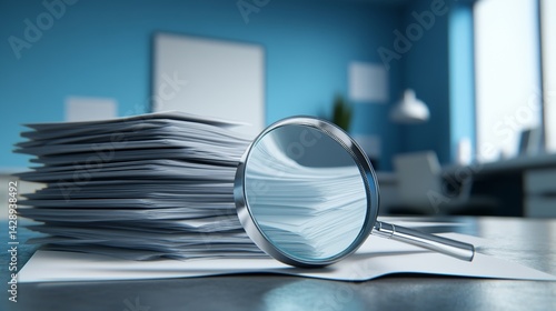 A modern office setting features a neatly organized stack of insurance documents with a magnifying glass on top, exemplifying professionalism and attention to detail in a close-up view