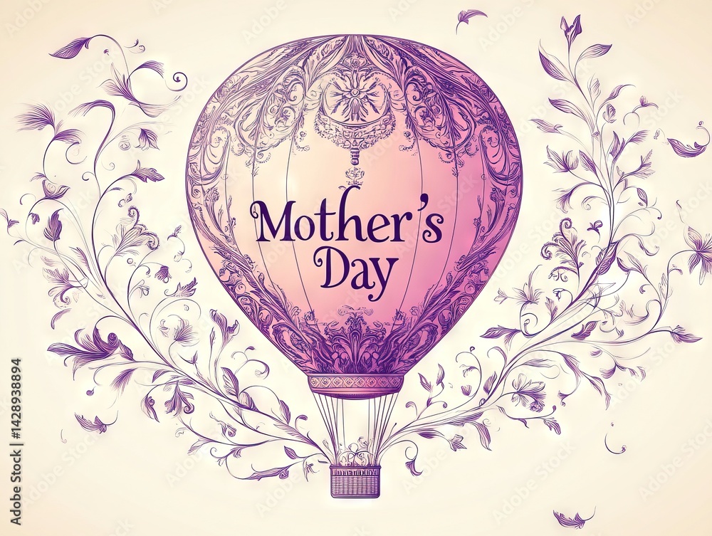Obraz premium Vector Hot Air Balloon with Swirls and Leaves and “Mother’s Day” Script in Pink and Purple