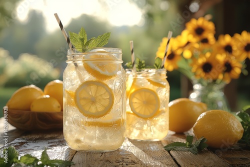 Obraz na płótnie Refreshing homemade lemonade pitcher with ice, lemon slices, and mint on an outdoor wooden table, with mason jar glasses, fresh lemons, and wildflowers. Classic summer scene. w salonie