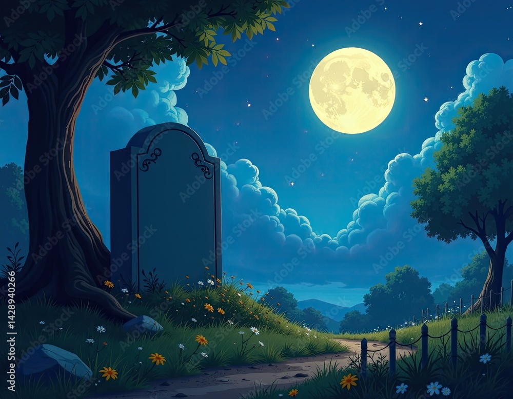 Night Cemetery Landscape with Moon and Flowers