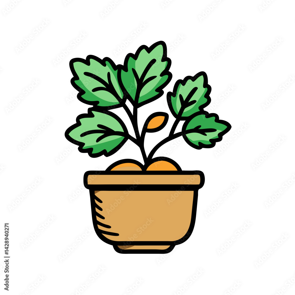Obraz premium Potted Plant Illustration, Green Leaves, Brown Flowerpot, Isolated