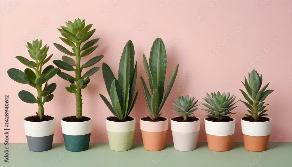 Fototapeta premium An array of diverse succulents, displayed in colorful pots, create a visually pleasing scene against a pink backdrop.