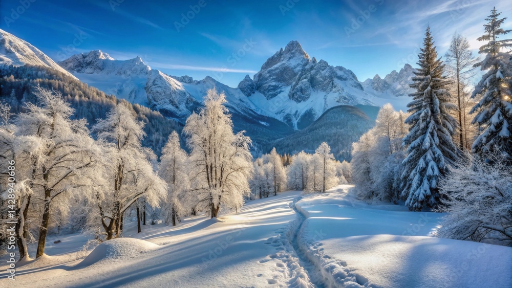 Obraz premium Winter wonderland path through snow-covered trees and majestic mountains bathed in sunlight