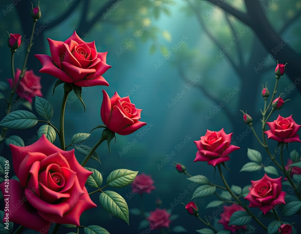 Dreamy Red Roses in a Magical Forest