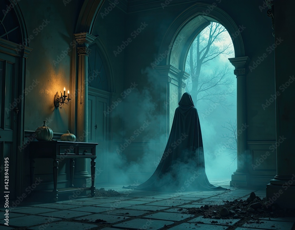 Mysterious Figure in Cloak at Halloween