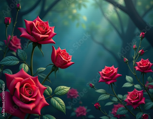 Obraz na płótnie Dreamy Red Roses in a Magical Forest w salonie