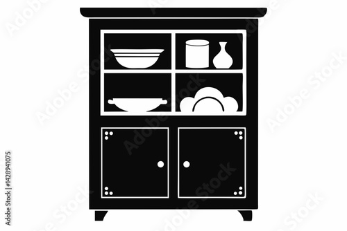 Space Saving Dish Cabinet Silhouette Vector Illustration