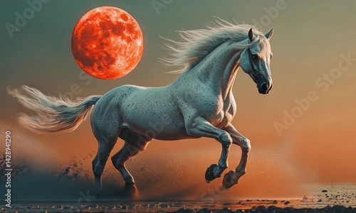 White horse galloping beach sunset blood moon