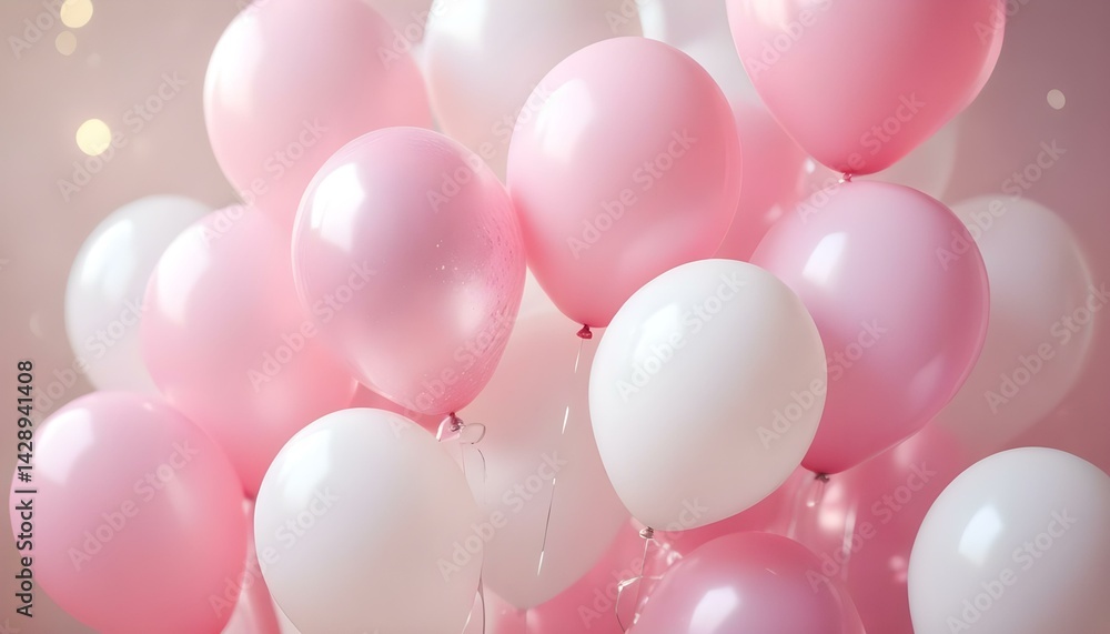 A collection of pink and white balloons, creating a celebratory atmosphere in a soft, dreamy scene. A collection of pink and white balloons, creating a celebratory atmosphere in a soft, dreamy scene.
