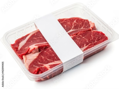 Beef packaging for mockup Raw beef steaks packaged in a plastic container with a label.