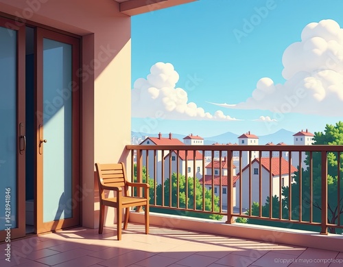 Obraz na płótnie Sunny Balcony View with Chair and Cityscape w salonie