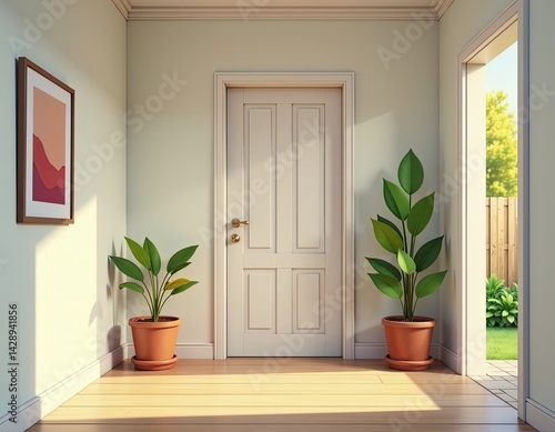 Bright Minimalist Hallway with Plants and Artwork