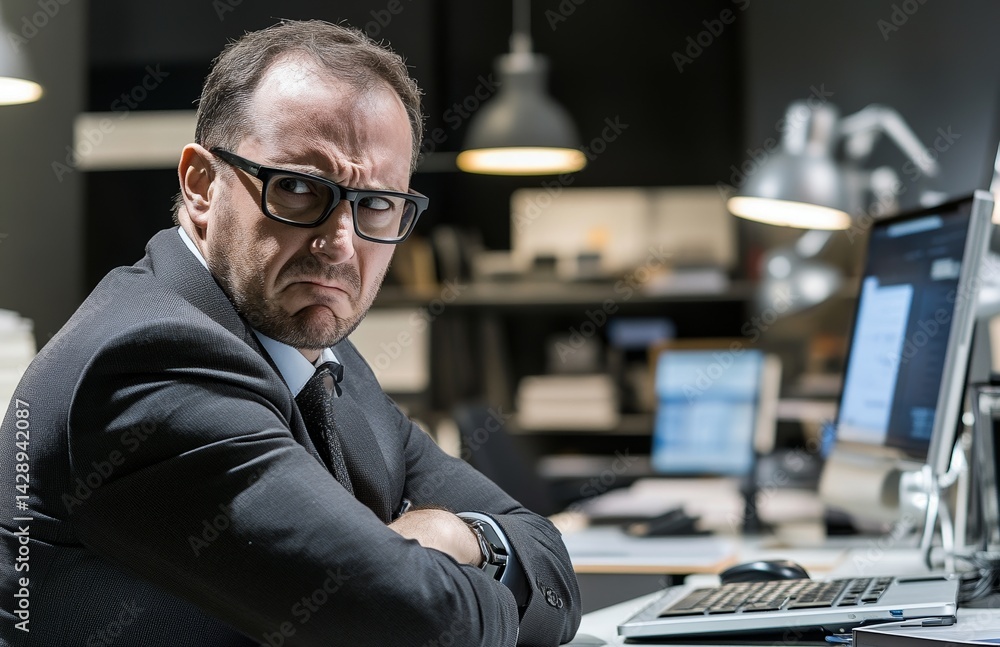 An irate bearded businessman engages in a heated discussion over a webcam video call, while an upset manager converses with a colleague to analyze a mistake in the financial report, and an angry