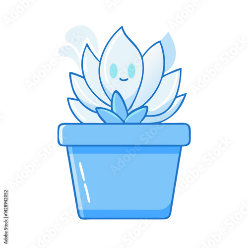 Cute Blue Succulent in a Pot, Cartoon Style