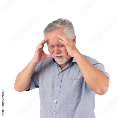 Stressed Asian senior man suffering from headache, touching his temples and closing eyes in pain, concept of health problem, elderly illness, migraine, mental stress and aging discomfort 