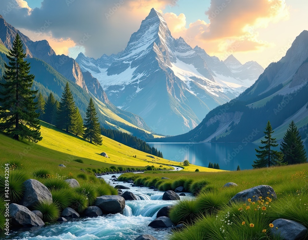 Majestic Mountain Lake and River Landscape at Sunrise
