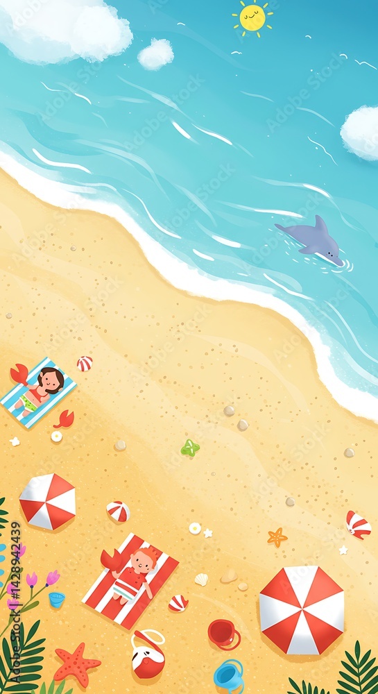 Naklejka premium Sunny Beach Day: Delightful Summer Illustration AI Generated