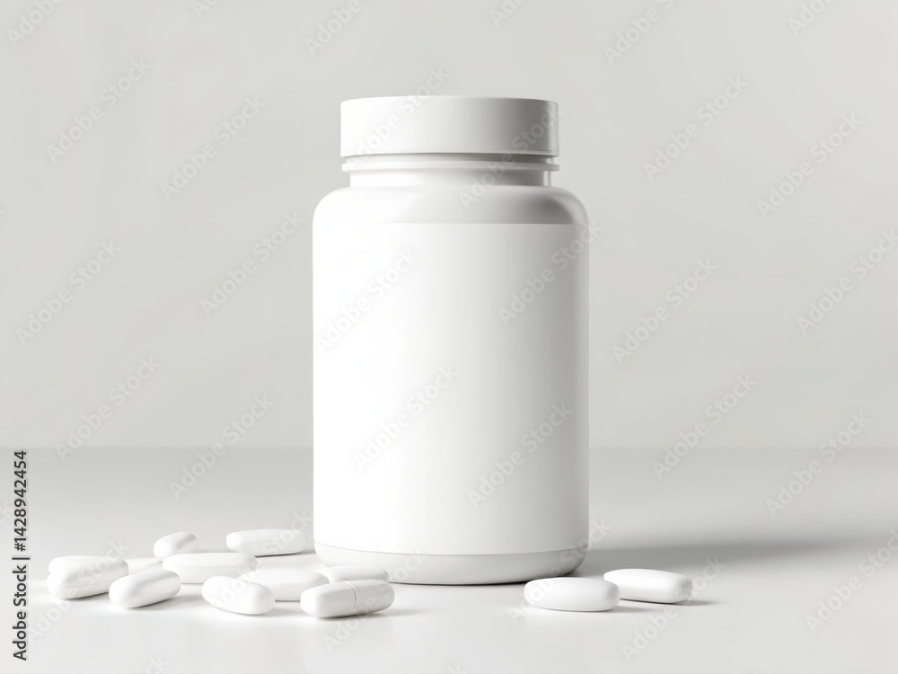 Supplement Bottle Mockup. Plain white bottle with scattered white tablets on a light surface. Supplement Bottle Mockup. Plain white bottle with scattered white tablets on a light surface.