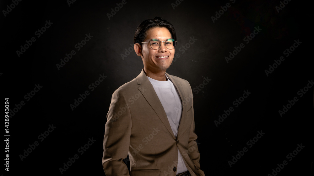 Obraz premium Asian man wearing glasses, beige blazer, and white shirt standing in studio with dark background, looking forward with confident posture, perfect for business, branding, or marketing visuals