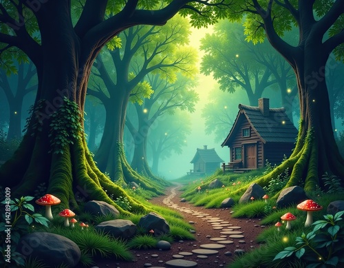 Obraz na płótnie Enchanted Forest Cabin Scene w salonie