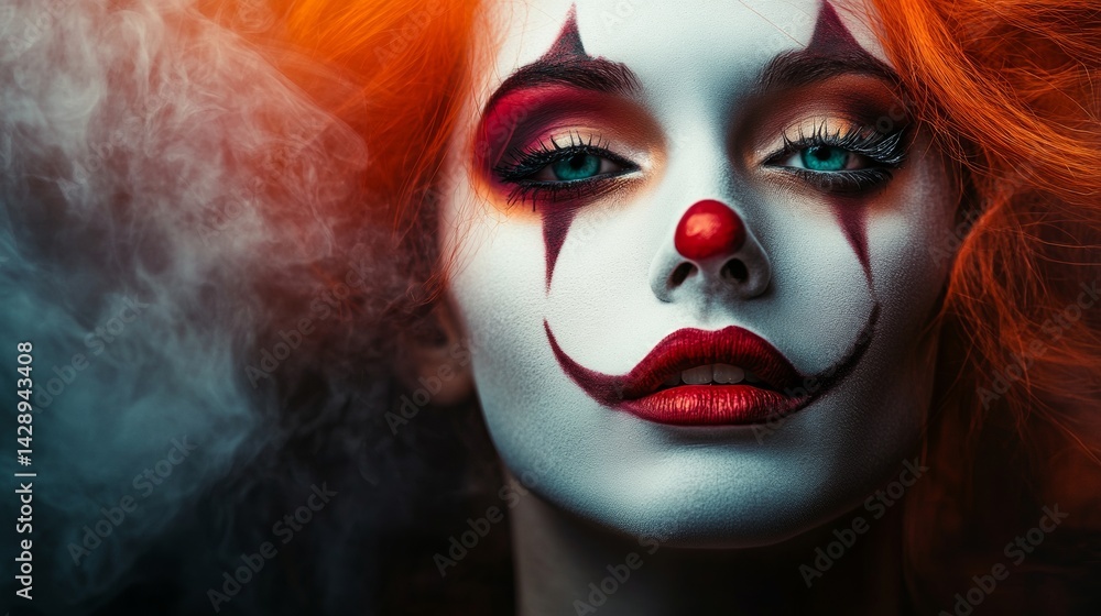 Colorful clown with red hair and smoky carnival atmosphere Colorful clown with red hair and smoky carnival atmosphere