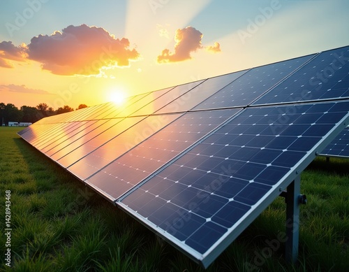 Obraz na płótnie Solar Panels at Sunset Clean Energy Production w salonie
