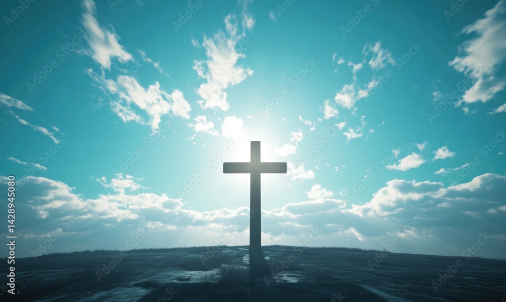Silhouette of Cross Against Bright Sky with Clouds and Sunlight Silhouette of Cross Against Bright Sky with Clouds and Sunlight