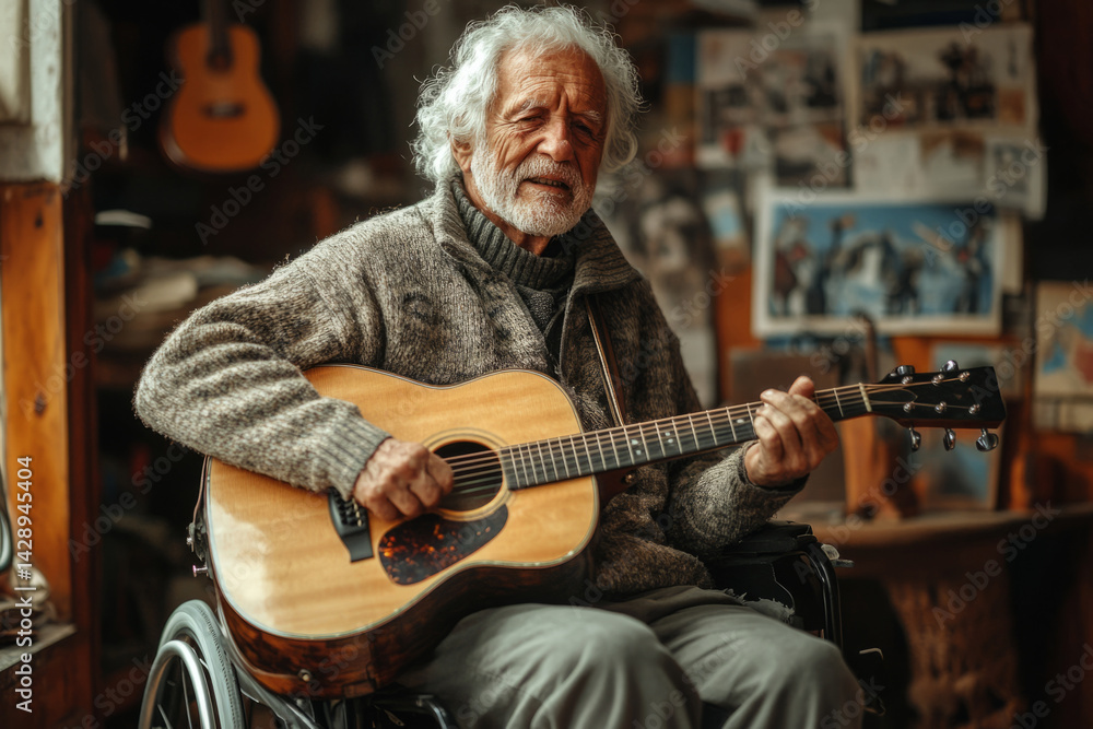 Obraz premium Elderly craftsman playing acoustic guitar in his luthier workshop