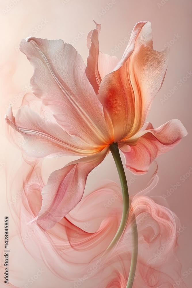 Elegant pink tulip with delicate petals rising from swirling pastel smoke on a soft background Elegant pink tulip with delicate petals rising from swirling pastel smoke on a soft background