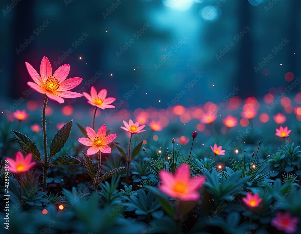Enchanted Pink Flowers in Magical Forest