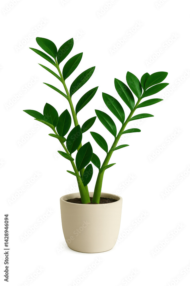 Green zz plant growing in a white pot with transparent background, ideal for interior design projects