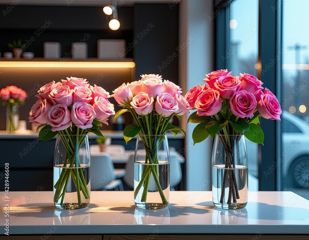 Three Pink Rose Bouquets in Glass Vases on Modern Table