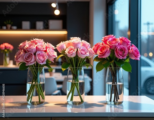 Obraz na płótnie Three Pink Rose Bouquets in Glass Vases on Modern Table w salonie